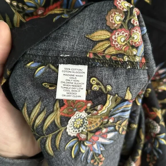 LOFT Womens Floral Puff Sleeve Blouse Large Button Back Cottagecore Black Blue - Picture 6 of 13